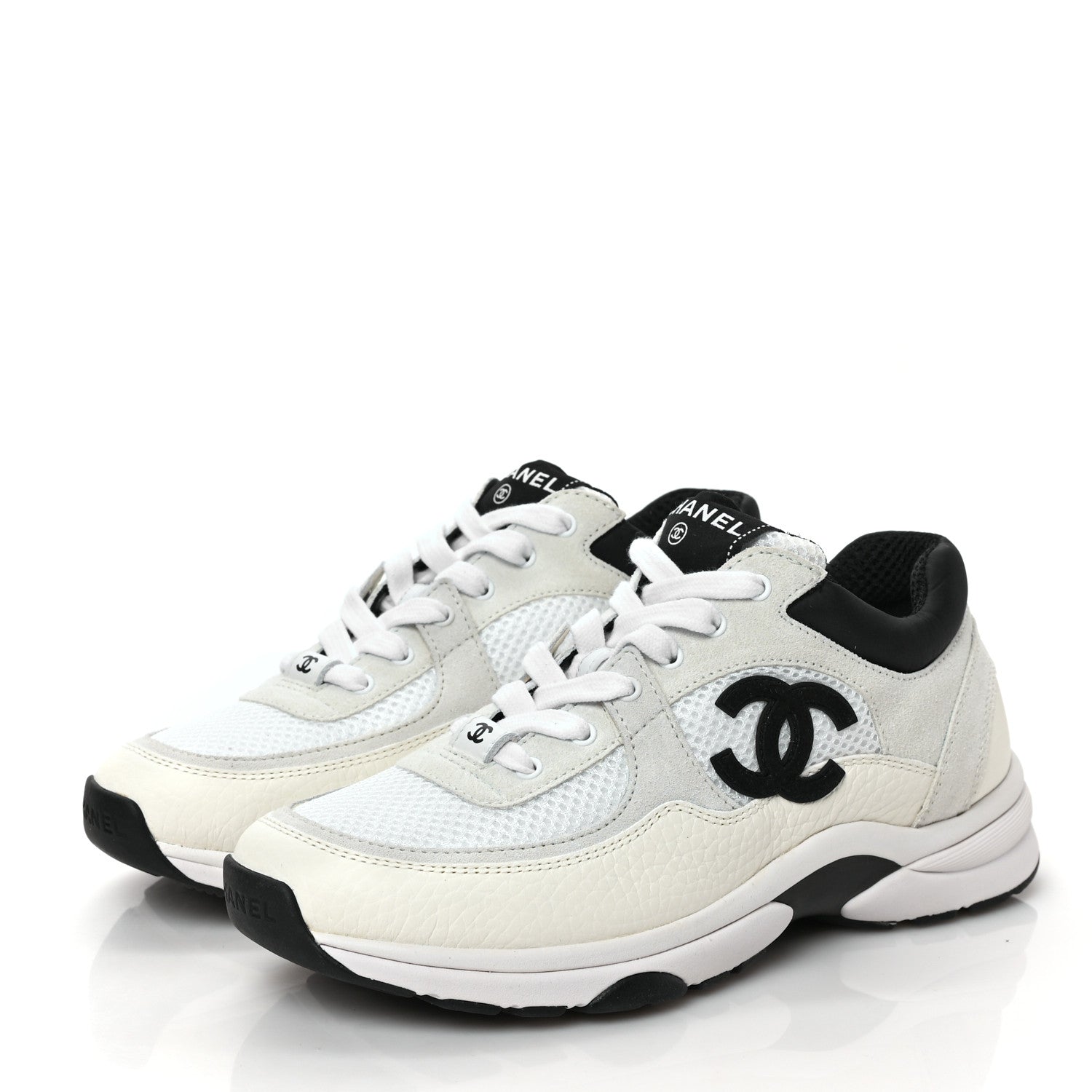 Chanel Mesh Suede Calfskin Grained Calfskin Womens CC Sneakers 37 White Black 3 of 10