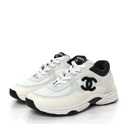 Chanel Mesh Suede Calfskin Grained Calfskin Womens CC Sneakers 37 White Black 3 of 10