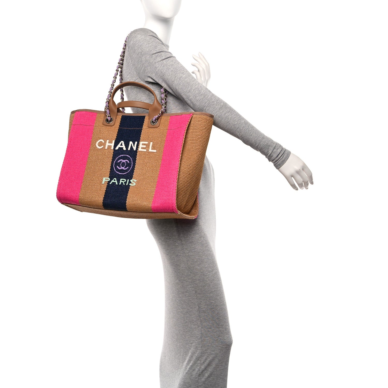 Chanel Straw Raffia Calfskin Striped Medium Deauville Tote Dark Beige Fuchsia Navy Blue 2 of 11
