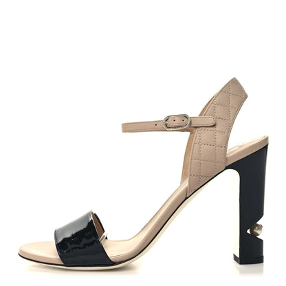 Chanel Lambskin Patent Quilted Pearl Sandals 39 Beige Black 1 of 8