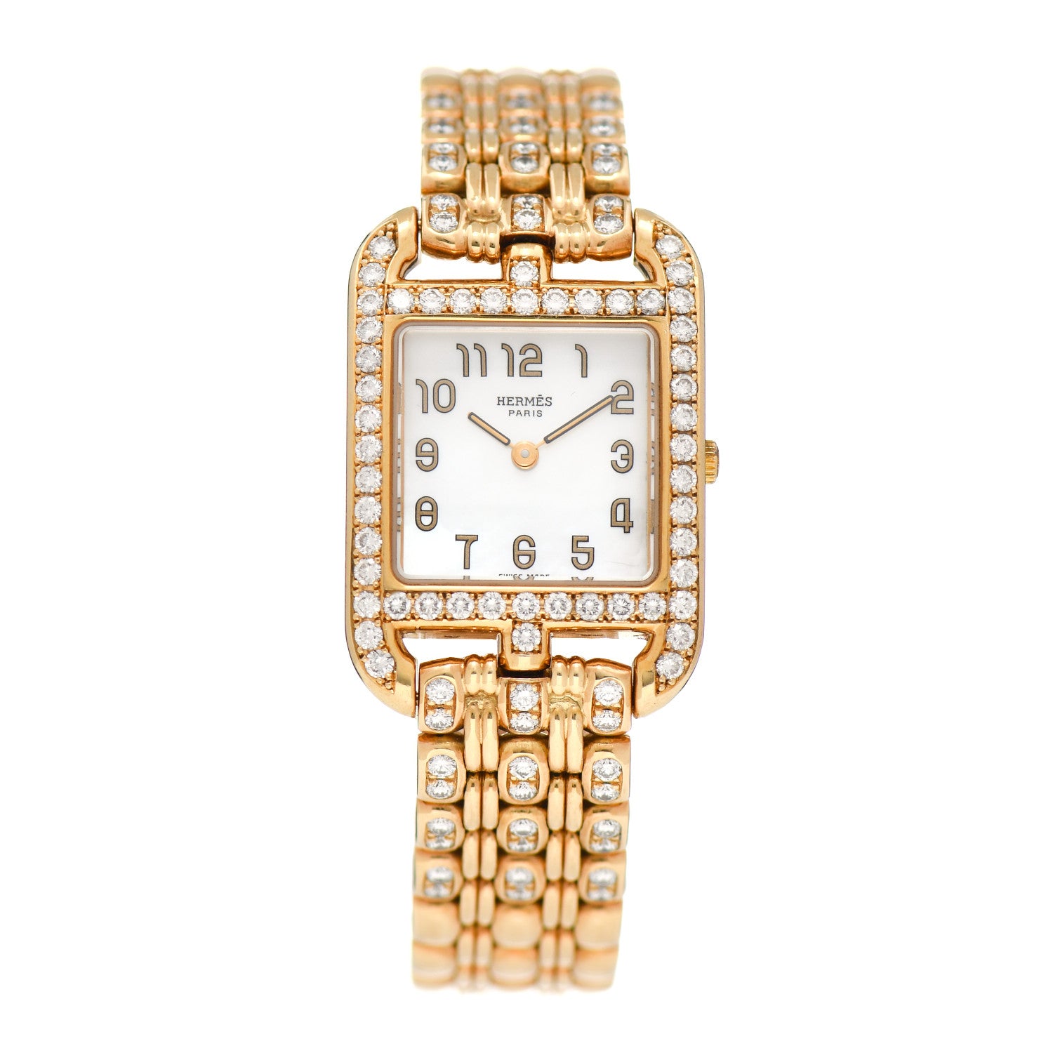 Hermes 18K Yellow Gold Diamond Pave Mother of Pearl 23mm Cape Cod Quartz Watch 1 of 5