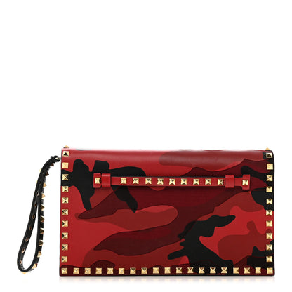 Valentino Garavani Nappa Canvas Camouflage Rockstud Wristlet Clutch Red Black 1 of 10