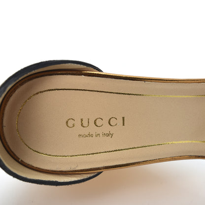 Gucci Suede Delphine Mirrored Mid Heel Strap Wedge Sandal 37.5 Black Gold 7 of 9