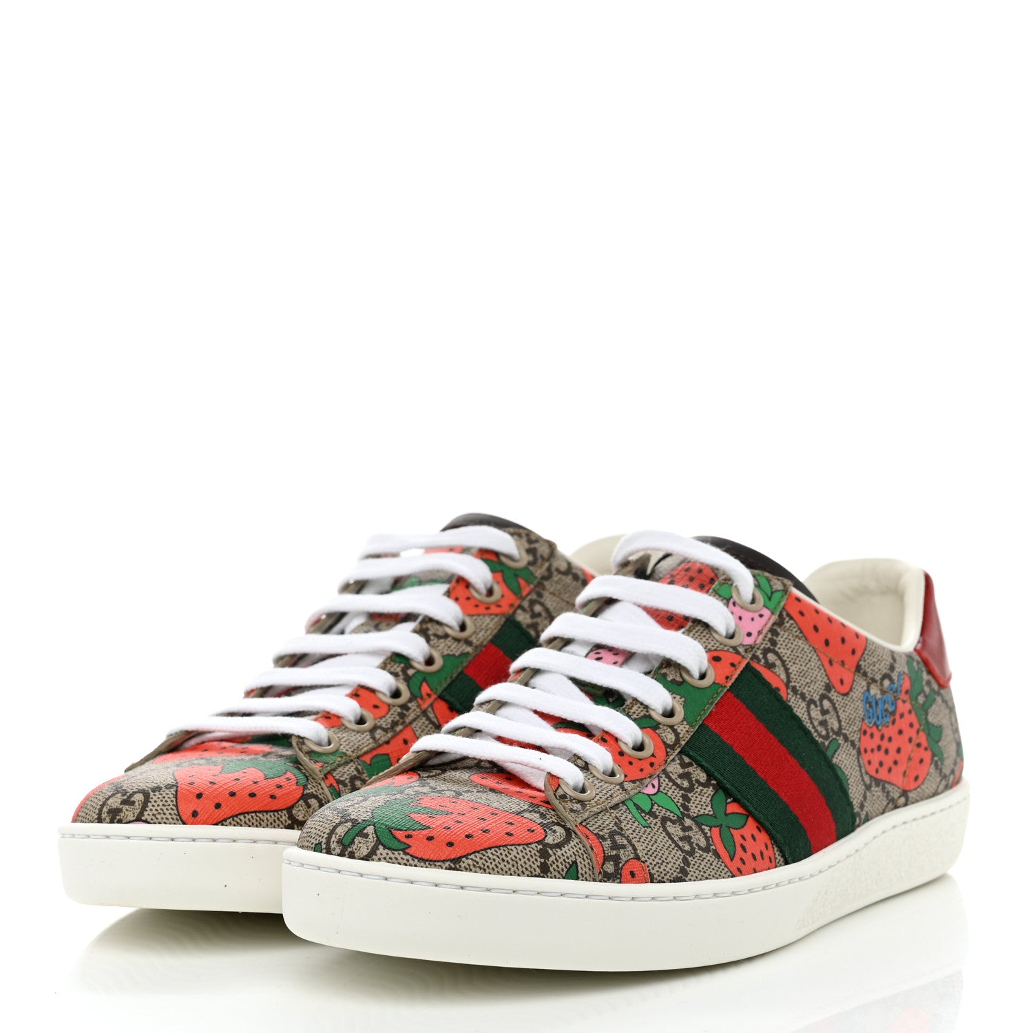 Gucci GG Supreme Monogram Strawberry Web Womens Ace Sneakers 36.5 Beige Multicolor Red Green 3 of 8