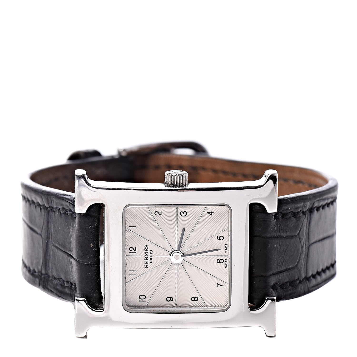 Hermes Stainless Steel Alligator 21mm Heure H Hour Quartz Watch Noir 3 of 10