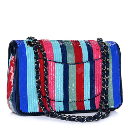 Chanel Sequin Lambskin Striped Medium Double Flap Blue Green Pink Red 3 of 12