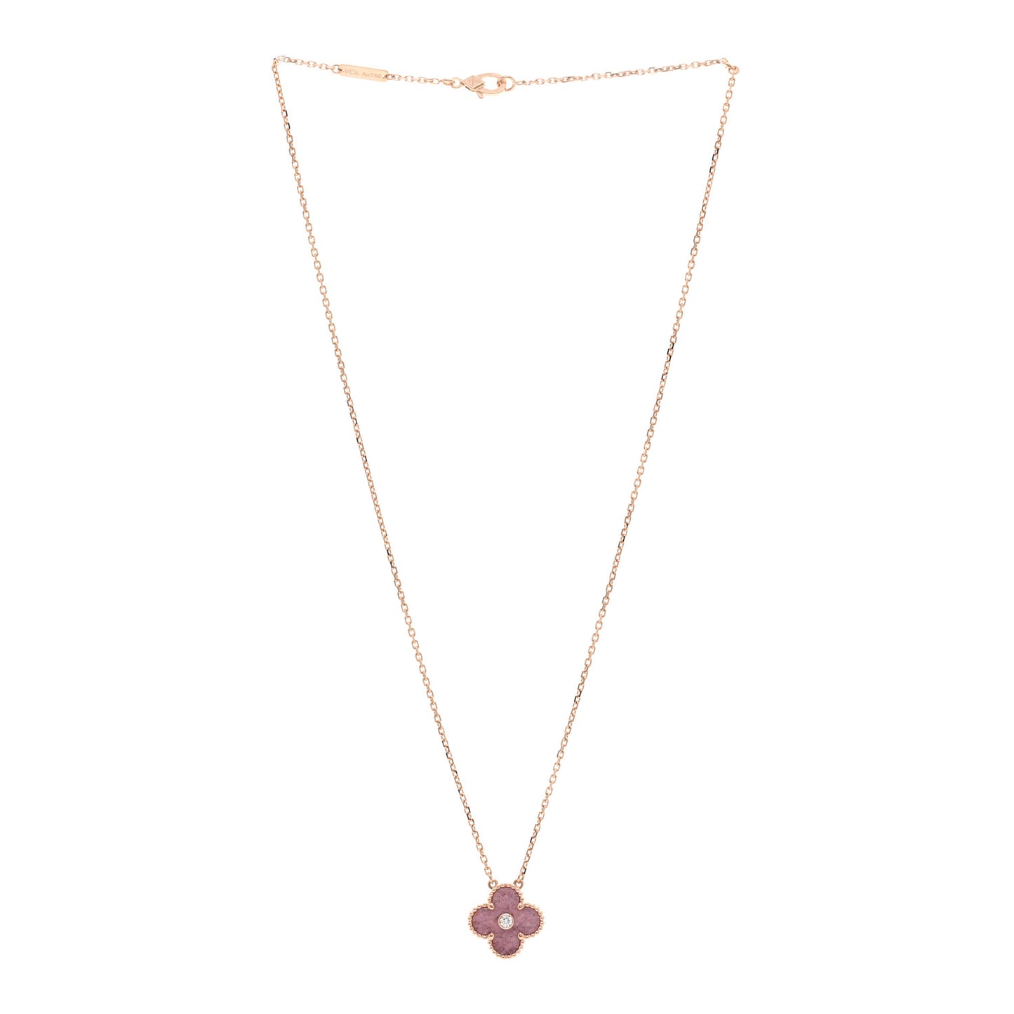 18K Rose Gold Diamond Rhodonite Vintage Alhambra Pendant Necklace