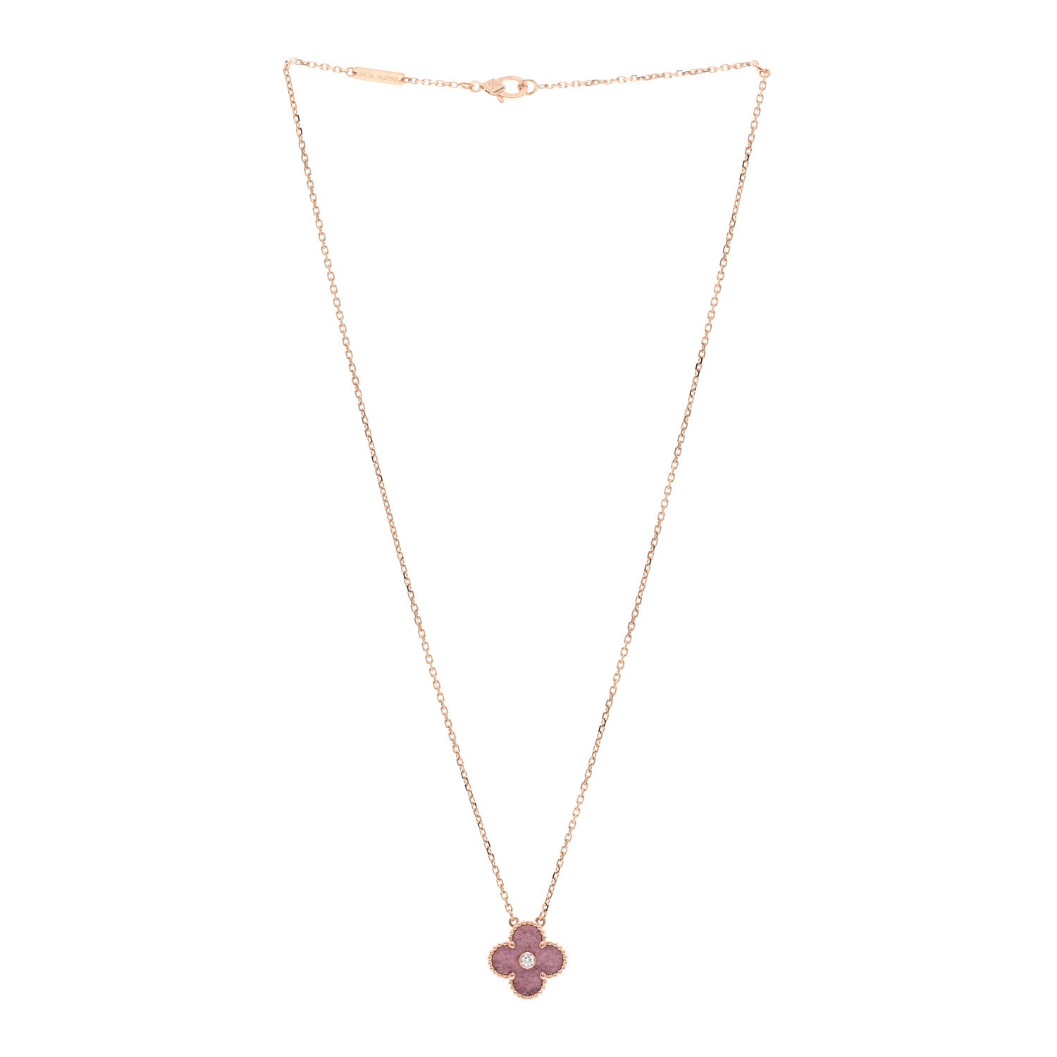 Van Cleef & Arpels 18K Rose Gold Diamond Rhodonite Vintage Alhambra Pendant Necklace 3 of 6
