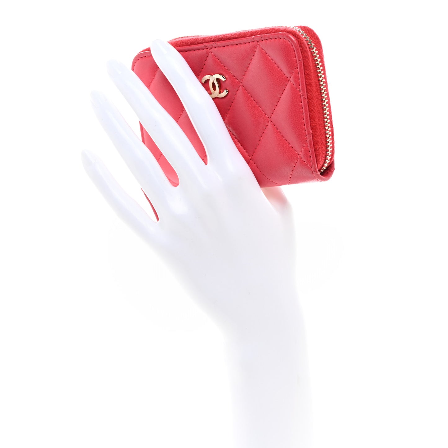 Lambskin Quilted Zip Around Coin Purse Wallet Light Red