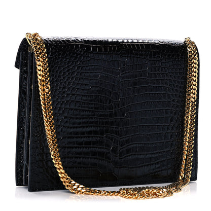 Saint Laurent Patent Calfskin Crocodile Embossed Monogram Cassandra Chain Wallet Black 3 of 12