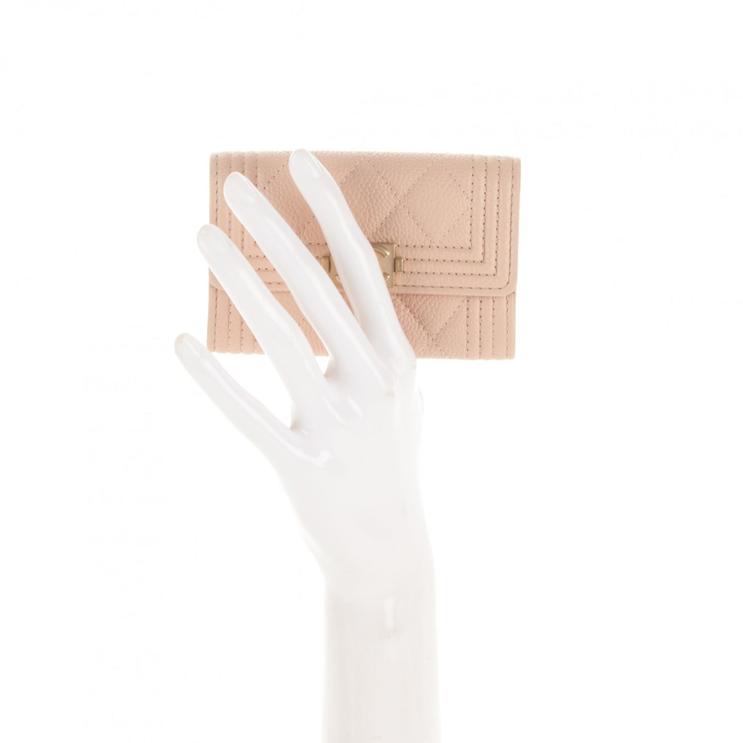 Caviar Quilted Boy Card Holder Wallet Beige Clair