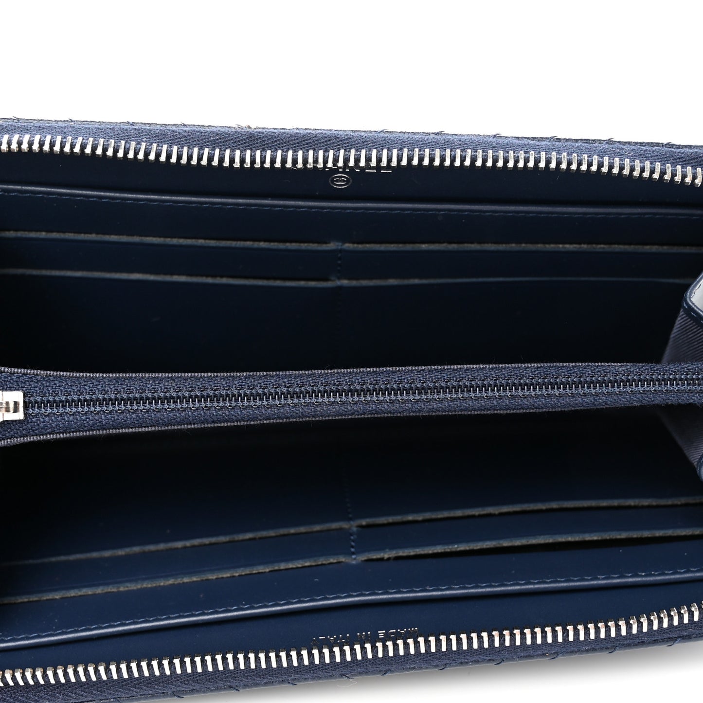 Caviar Chevron Quilted Large Gusset Zip Around Wallet Navy