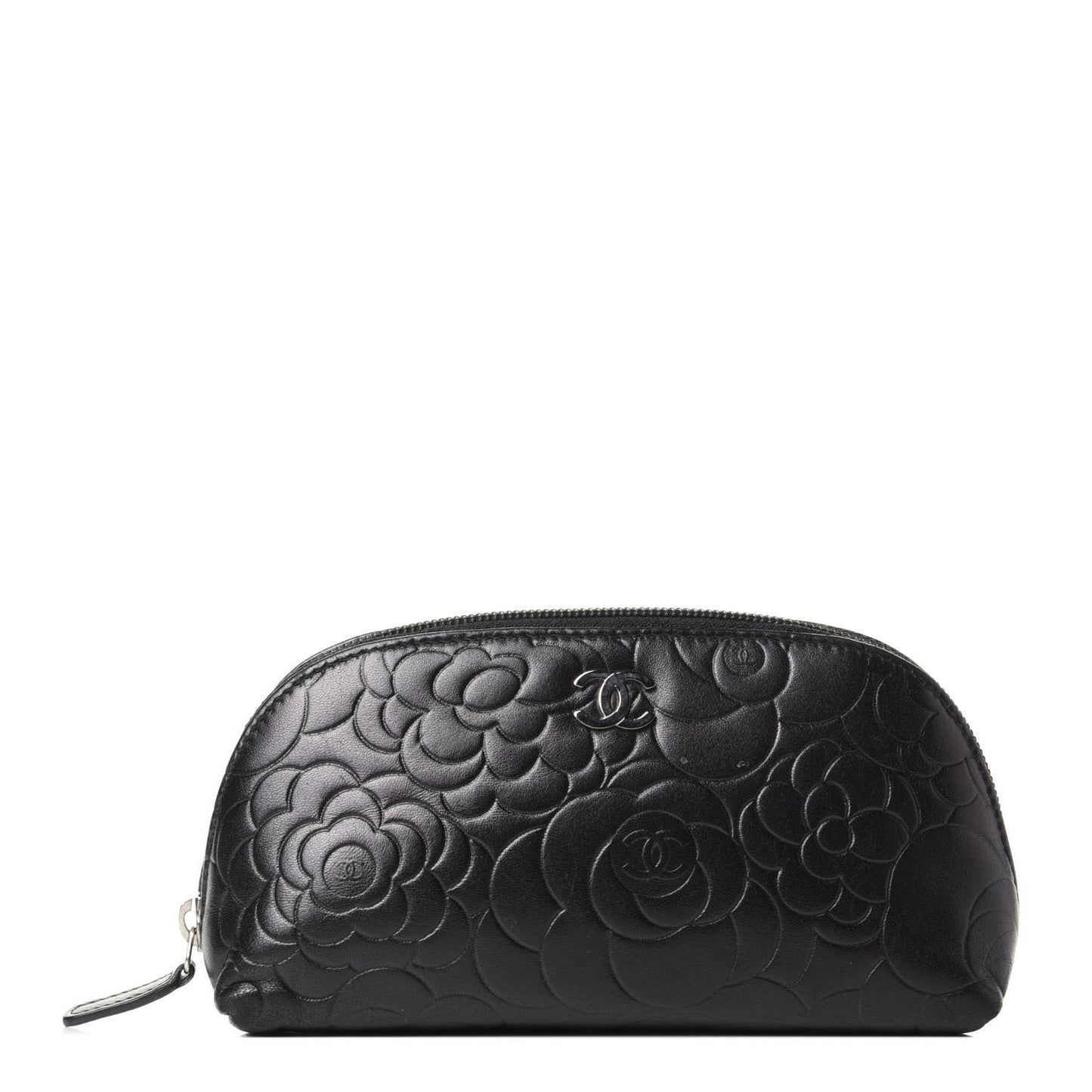 Lambskin Camellia Embossed Cosmetic Case Black