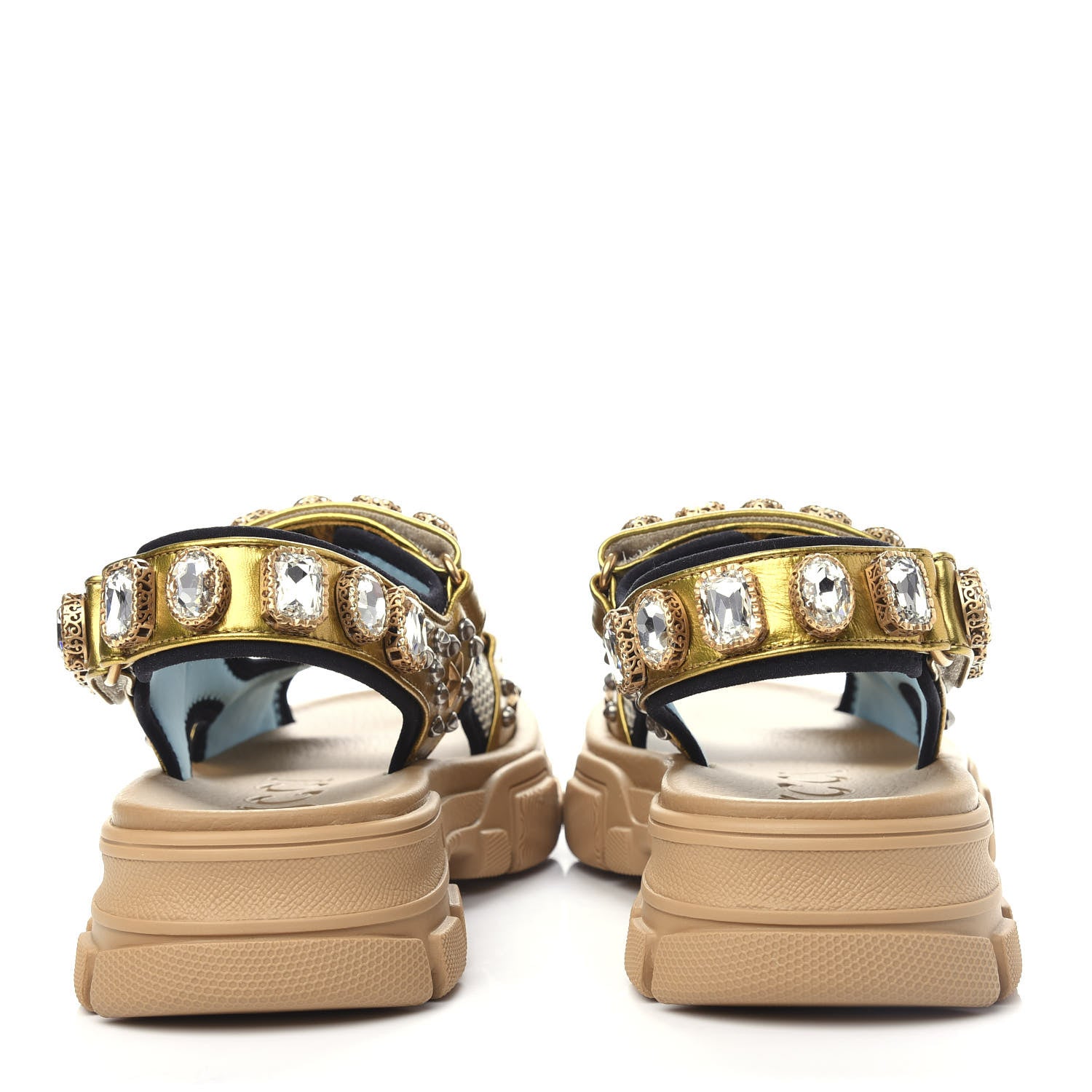 Gucci Silk Calfskin Mesh Crystal Embellished Studded Womens Aguru Sandals 39 Gold 7 of 11