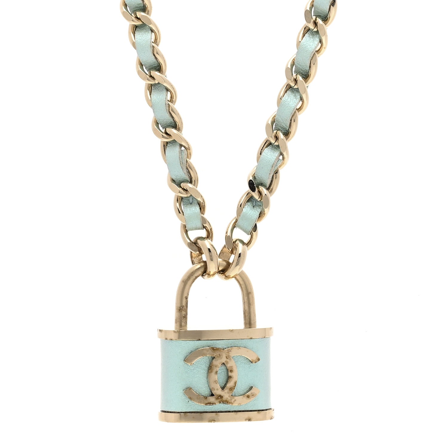 Chanel Calfskin Metal Padlock Necklace Gold Iridescent Blue 3 of 7