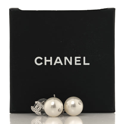 Chanel Crystal Pearl CC Drop Earrings Silver Pearly White 9 of 10