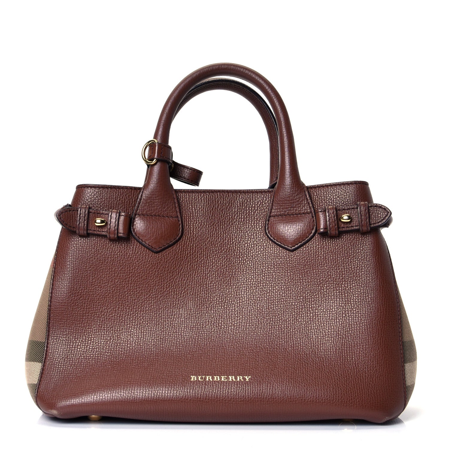 Burberry Derby Calfskin House Check Small Bi-Color Banner Tote Tan 2 of 5