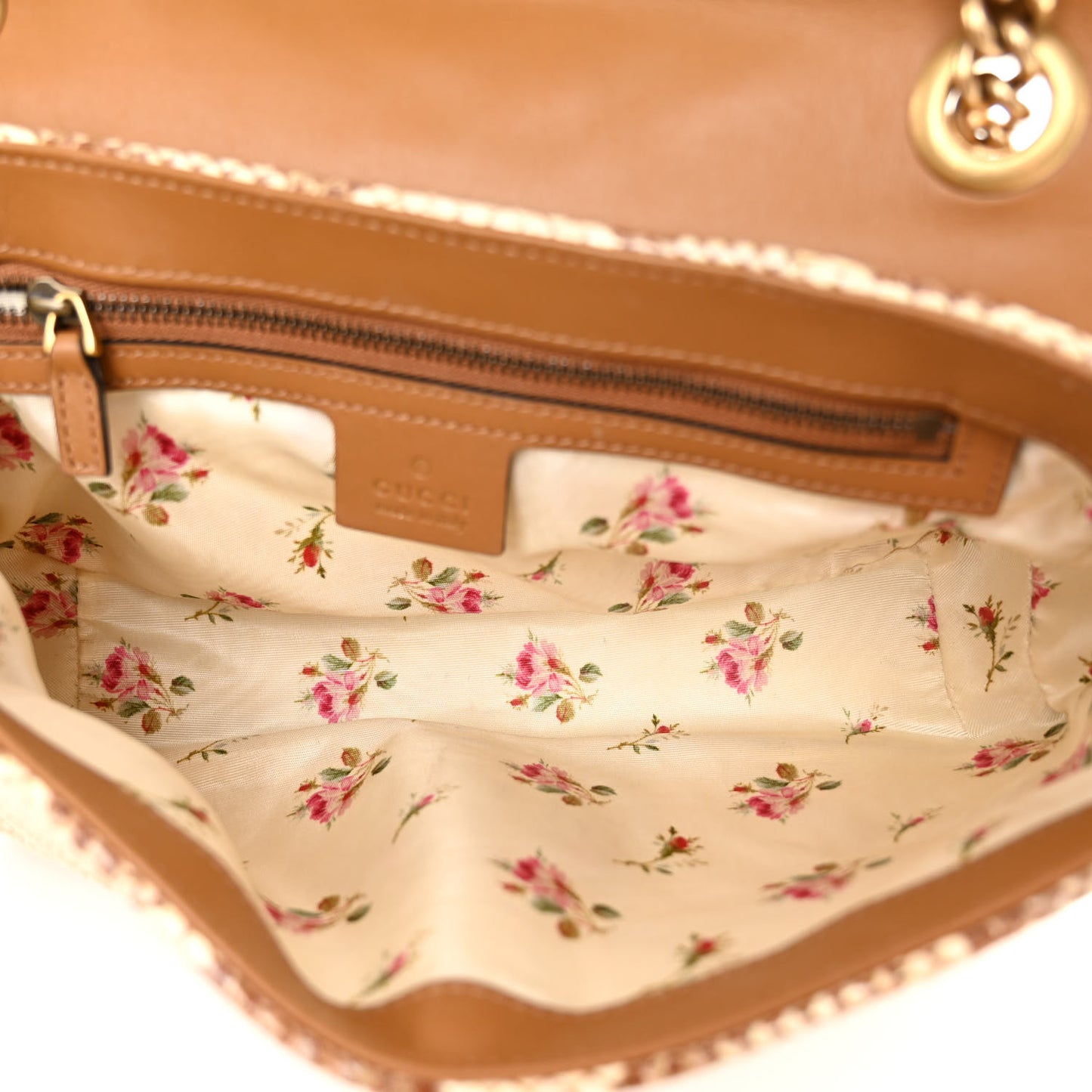 Raffia Elaphe Matelasse Small GG Marmont Shoulder Bag Natural Cream Brown