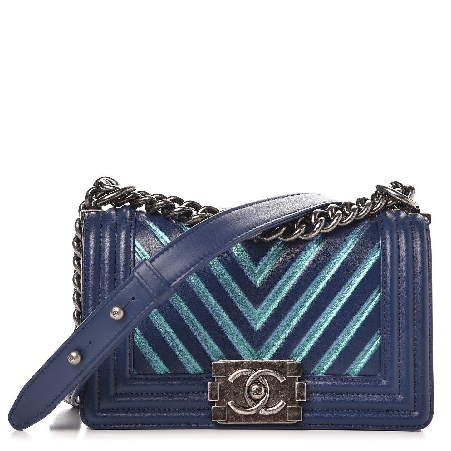 Calfskin Painted Chevron Embossed Small Boy Flap Dark Blue