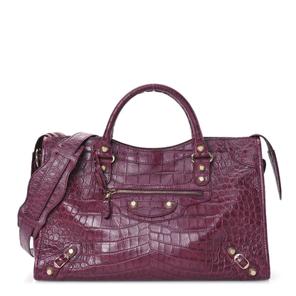 Balenciaga Calfskin Crocodile Embossed Gold Hardware City Violet Prune 1 of 14