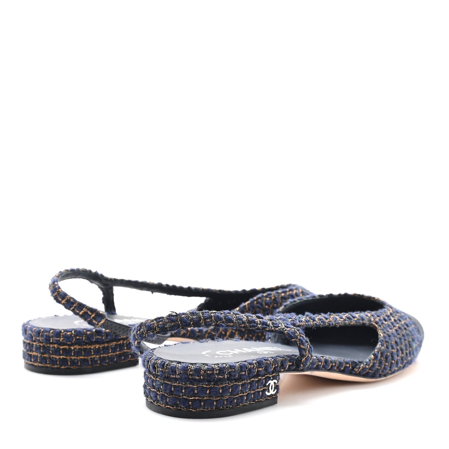 Tweed Grosgrain Cap Toe CC Slingback Flats  40 Blue Gold