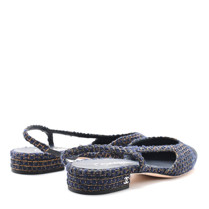 Chanel Tweed Grosgrain Cap Toe CC Slingback Flats  40 Blue Gold 5 of 9