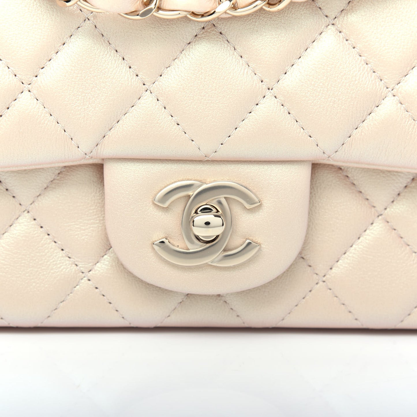 Iridescent Calfskin Quilted Mini Rectangular Flap Beige