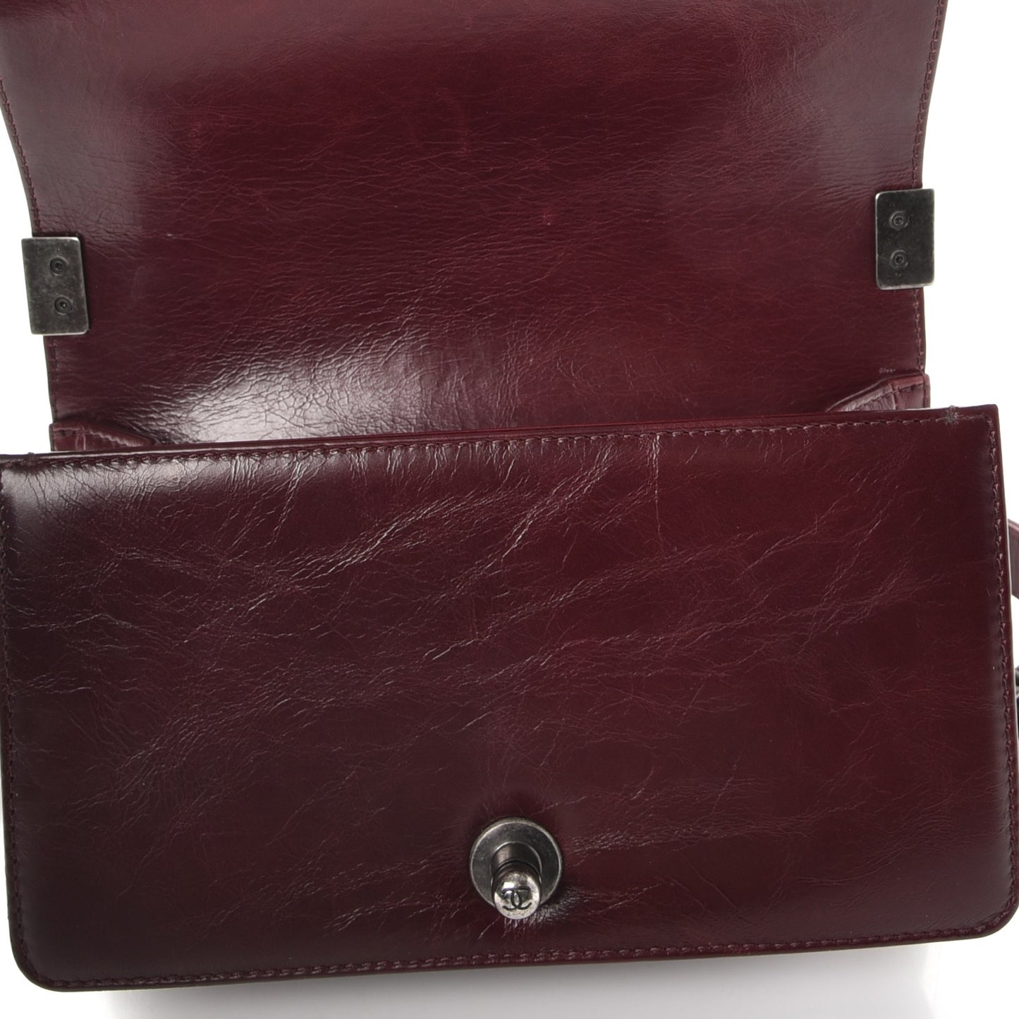 Glazed Calfskin Quilted Small Boy Chained Flap Burgundy
