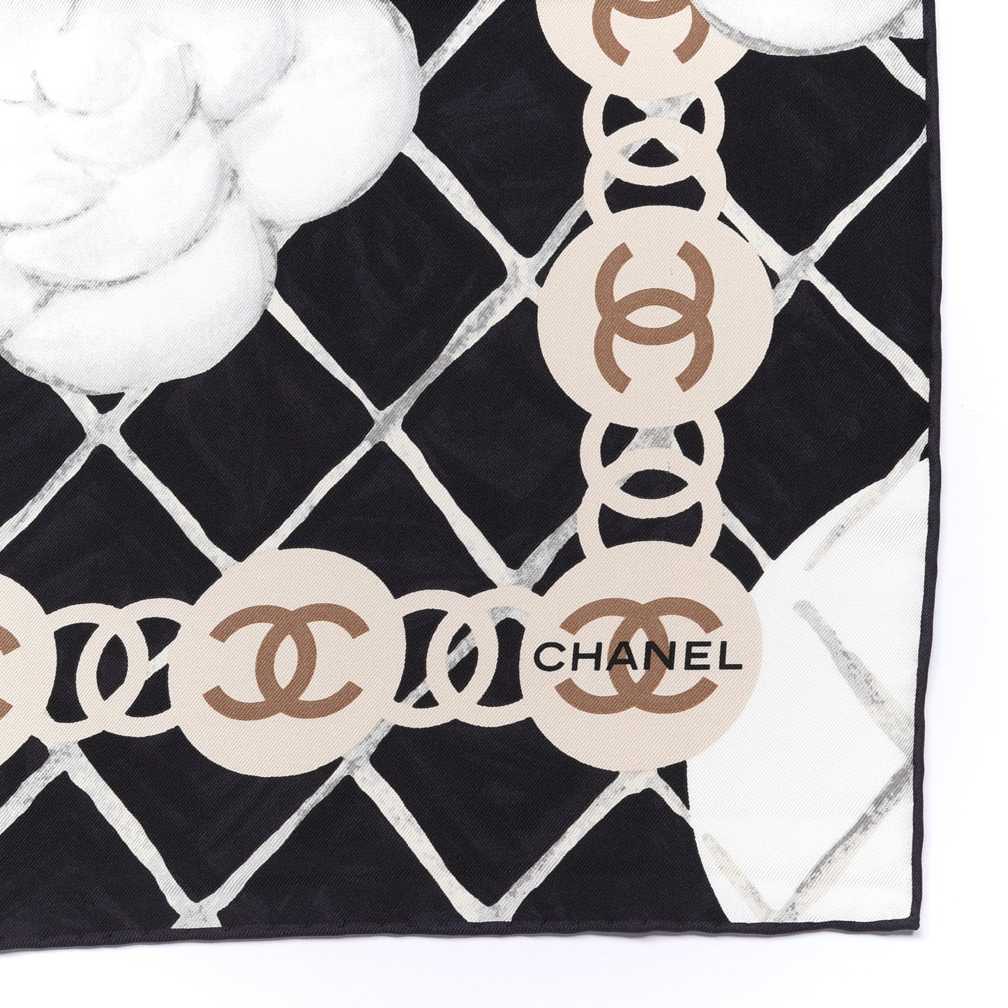 Silk CC Logo Camellia Scarf White Black
