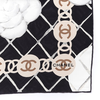 Chanel Silk CC Logo Camellia Scarf White Black 2 of 3