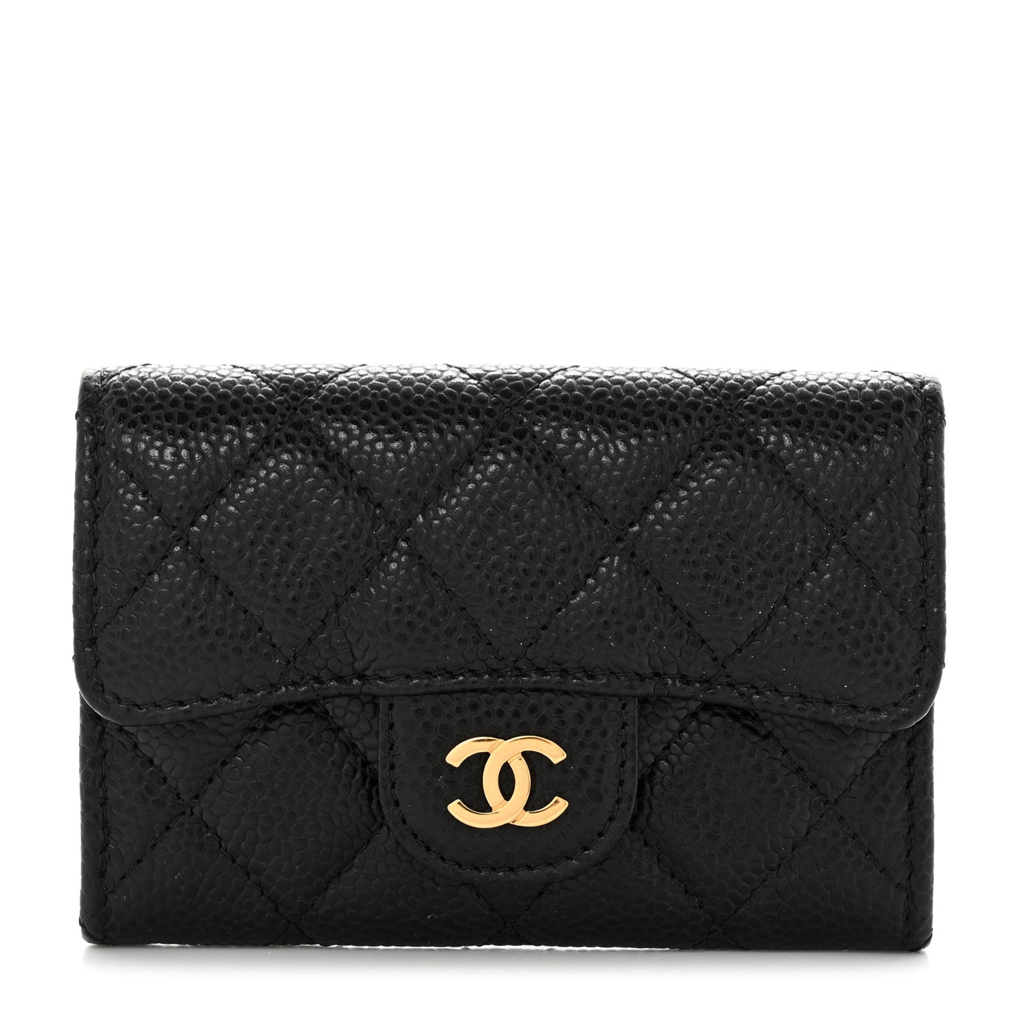 Caviar Quilted Flap Card Holder Wallet Black