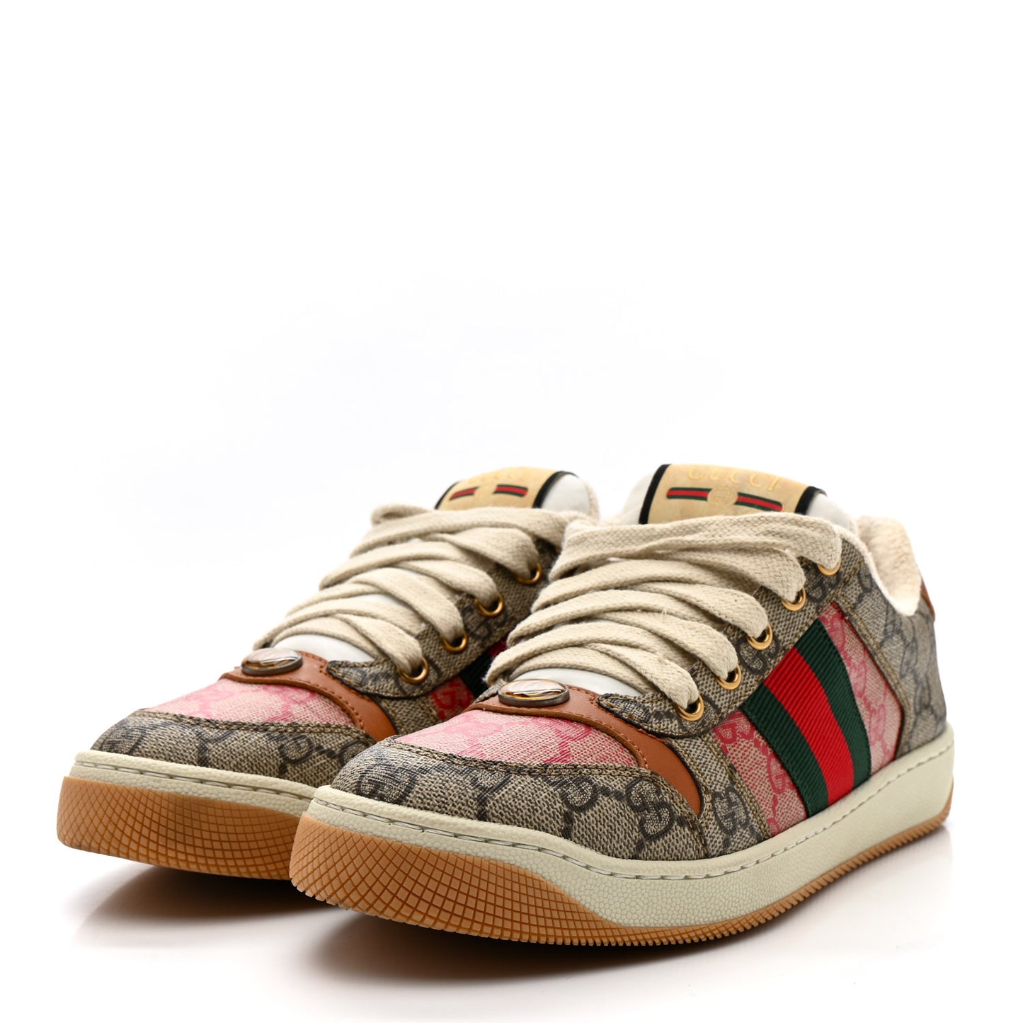 GG Supreme Monogram Harness Calfskin Web Womens Screener Sneakers 37.5 Beige Ebony Rosso Harness Brown