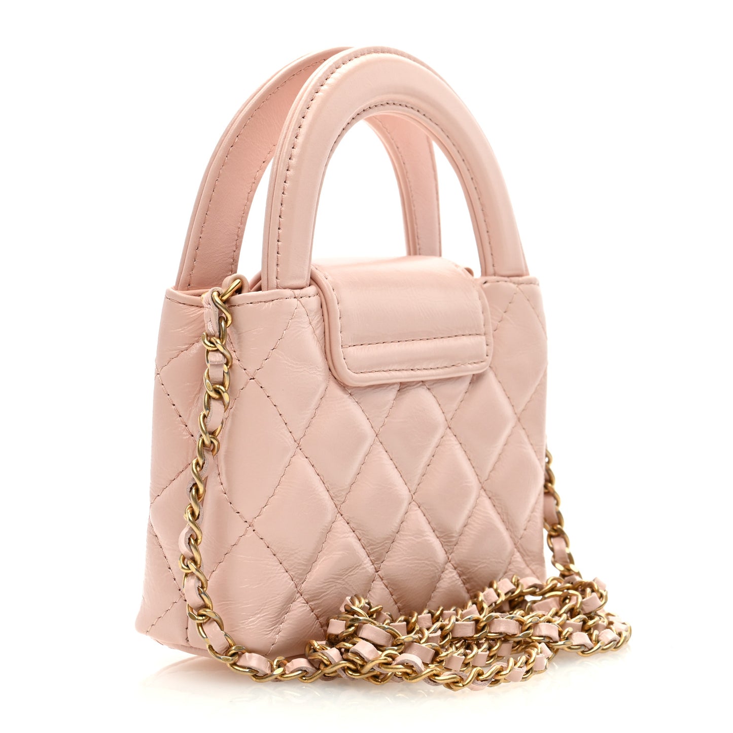 Shiny Aged Calfskin Quilted Mini Nano Kelly Shopper Pink