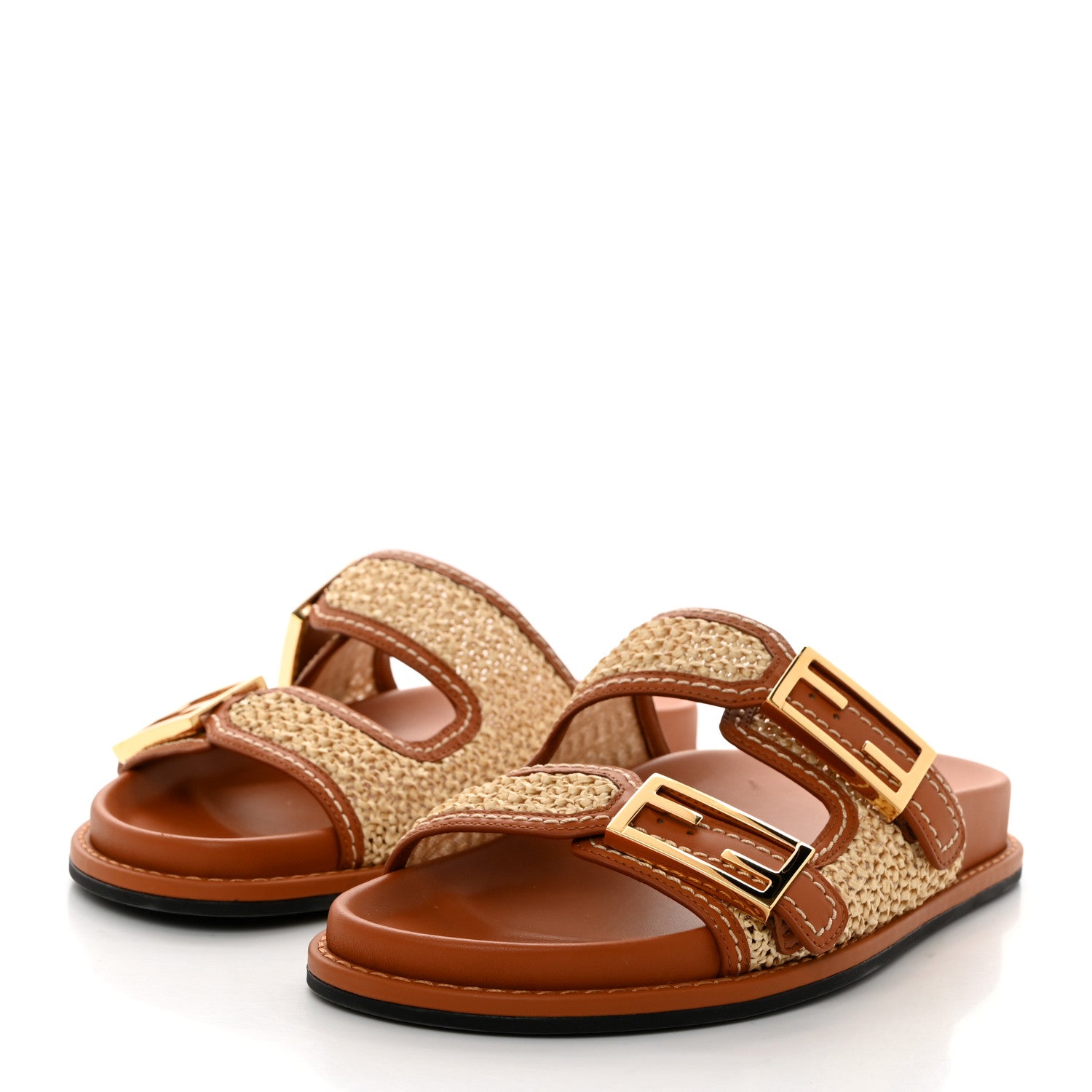 Fendi Raffia Vitello Womens Fendi Feel Buckled Slide Sandals 37.5 Paglia Brandy 3 of 8