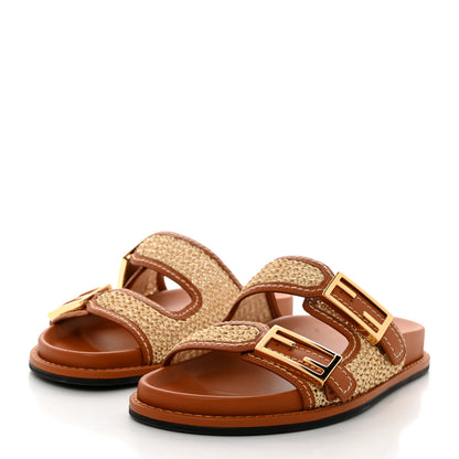 Fendi Raffia Vitello Womens Fendi Feel Buckled Slide Sandals 37.5 Paglia Brandy 3 of 8