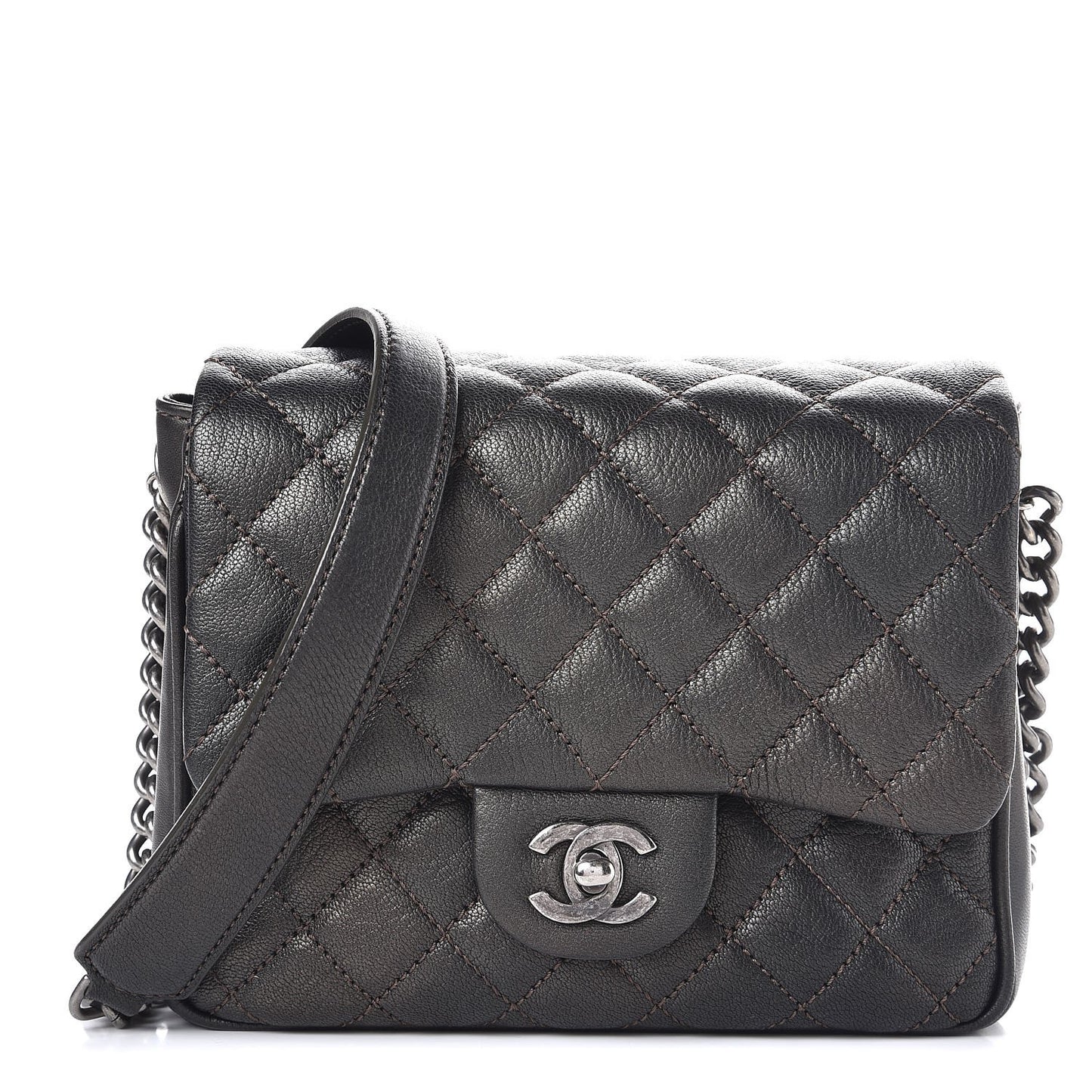 Metallic Goatskin Quilted Small Rock In Rome Flap Charcoal