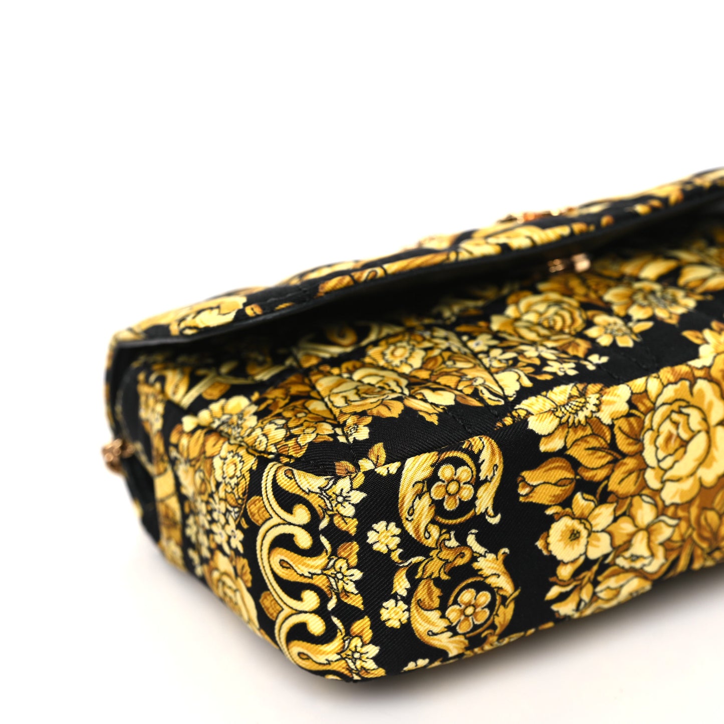 Silk Barocco Printed Quilted Virtus V Mini Chain Flap Shoulder Bag Black Gold