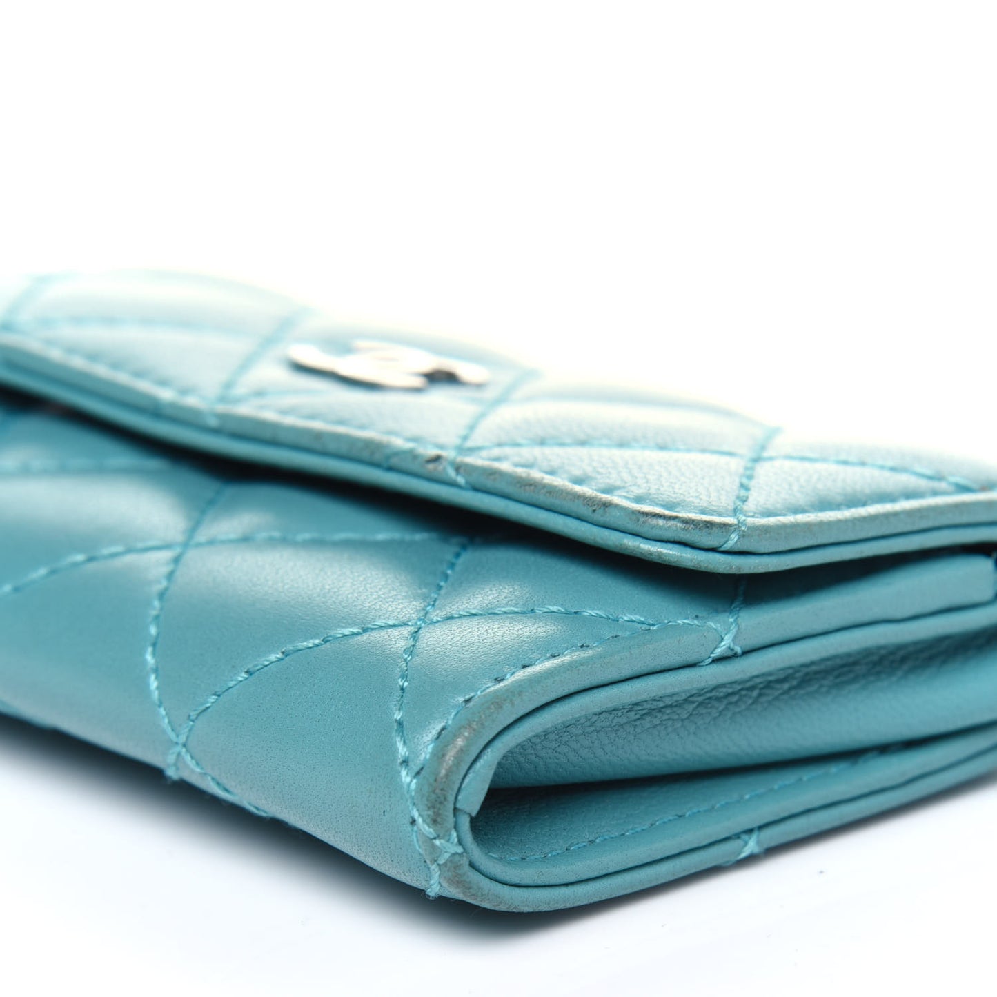 Lambskin Quilted Flap Card Holder Turquoise