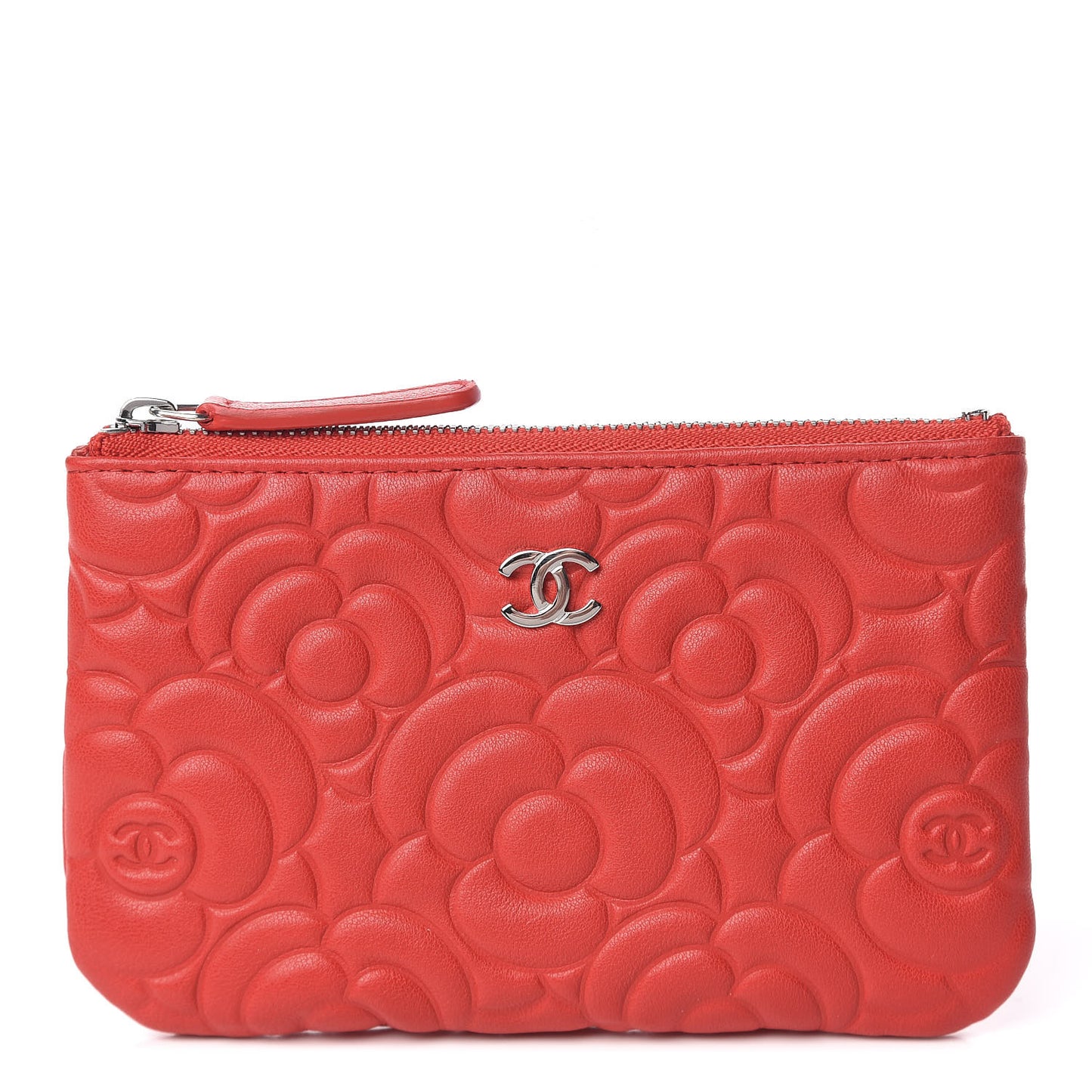 Goatskin Camellia Embossed Cosmetic Pouch Red