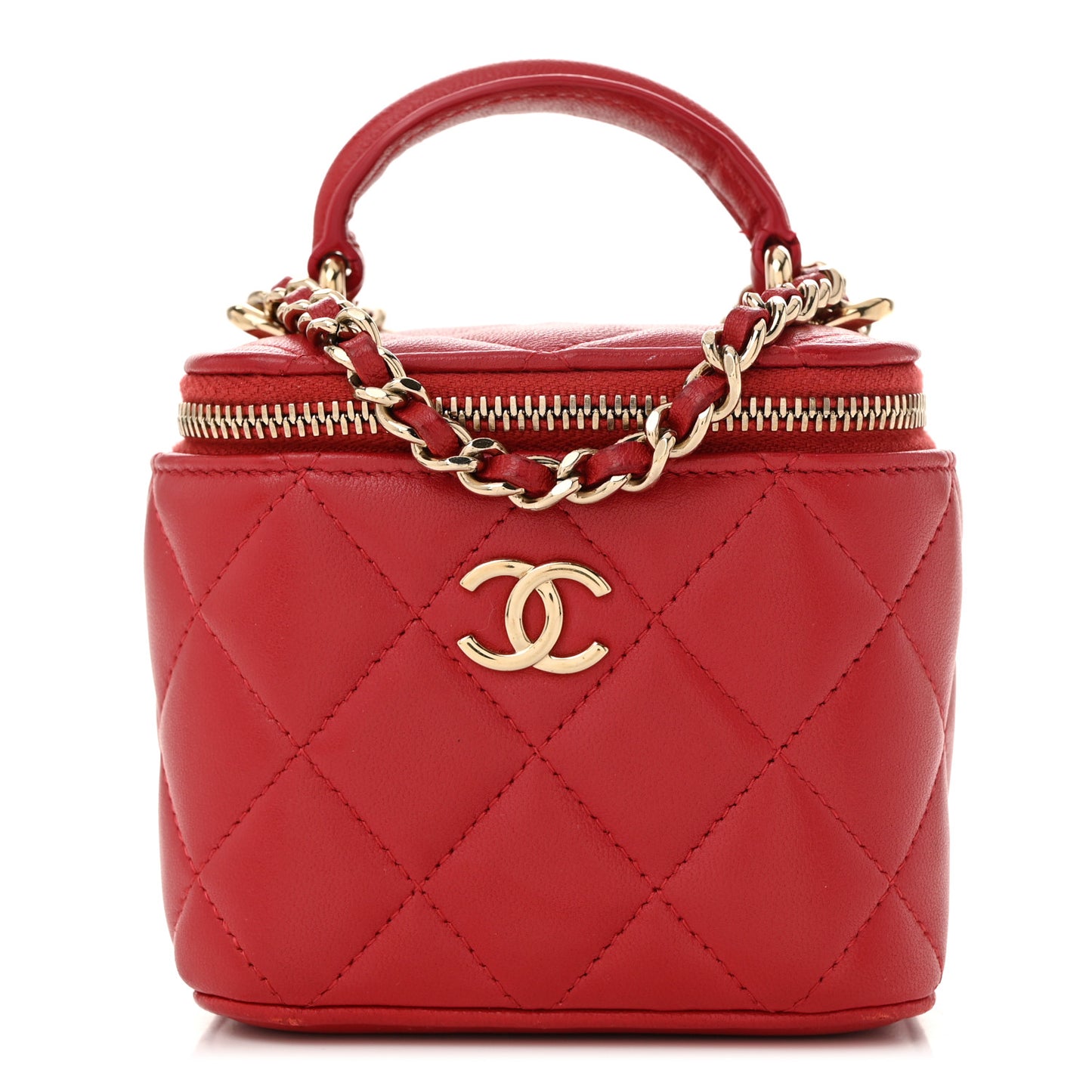 Lambskin Quilted Top Handle Mini Vanity Case With Chain Red