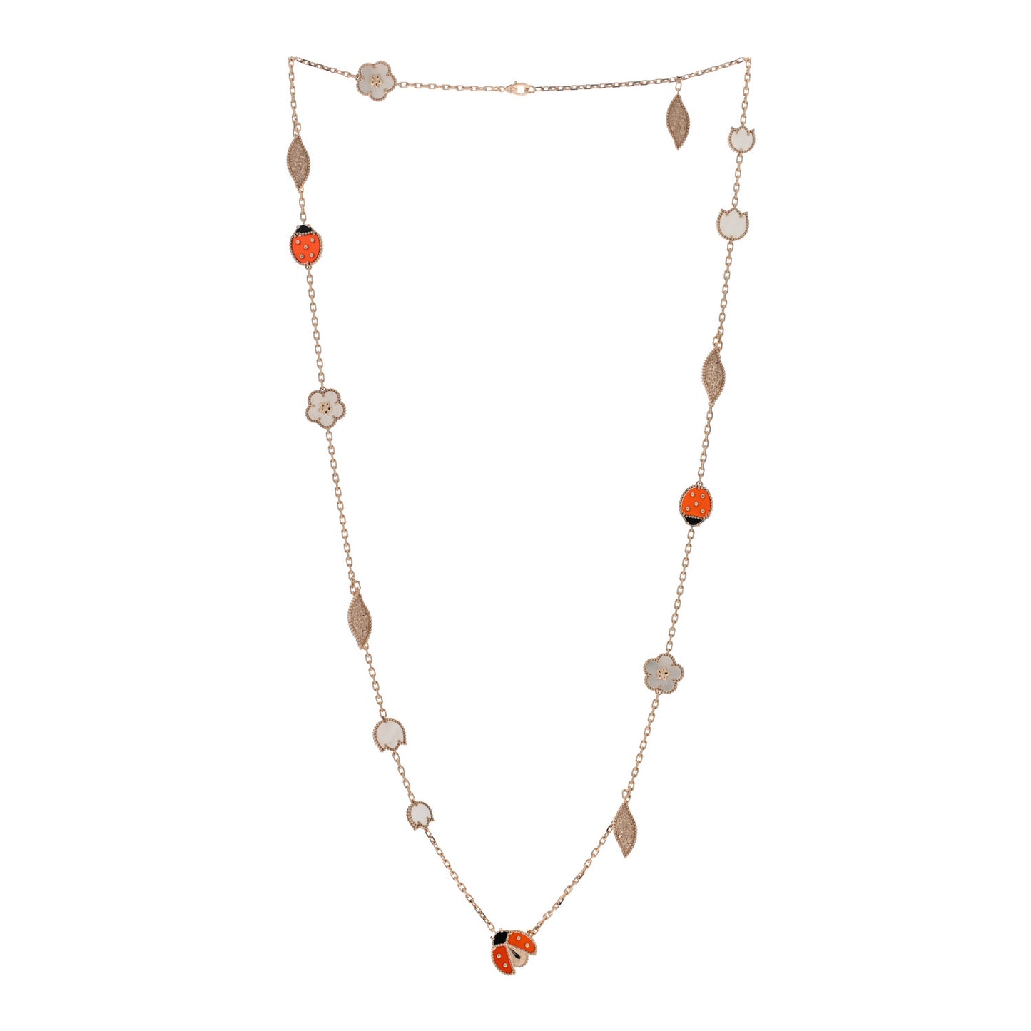 18K Rose Gold Mother of Pearl Carnelian Onyx 15 Motifs Lucky Spring Long Necklace