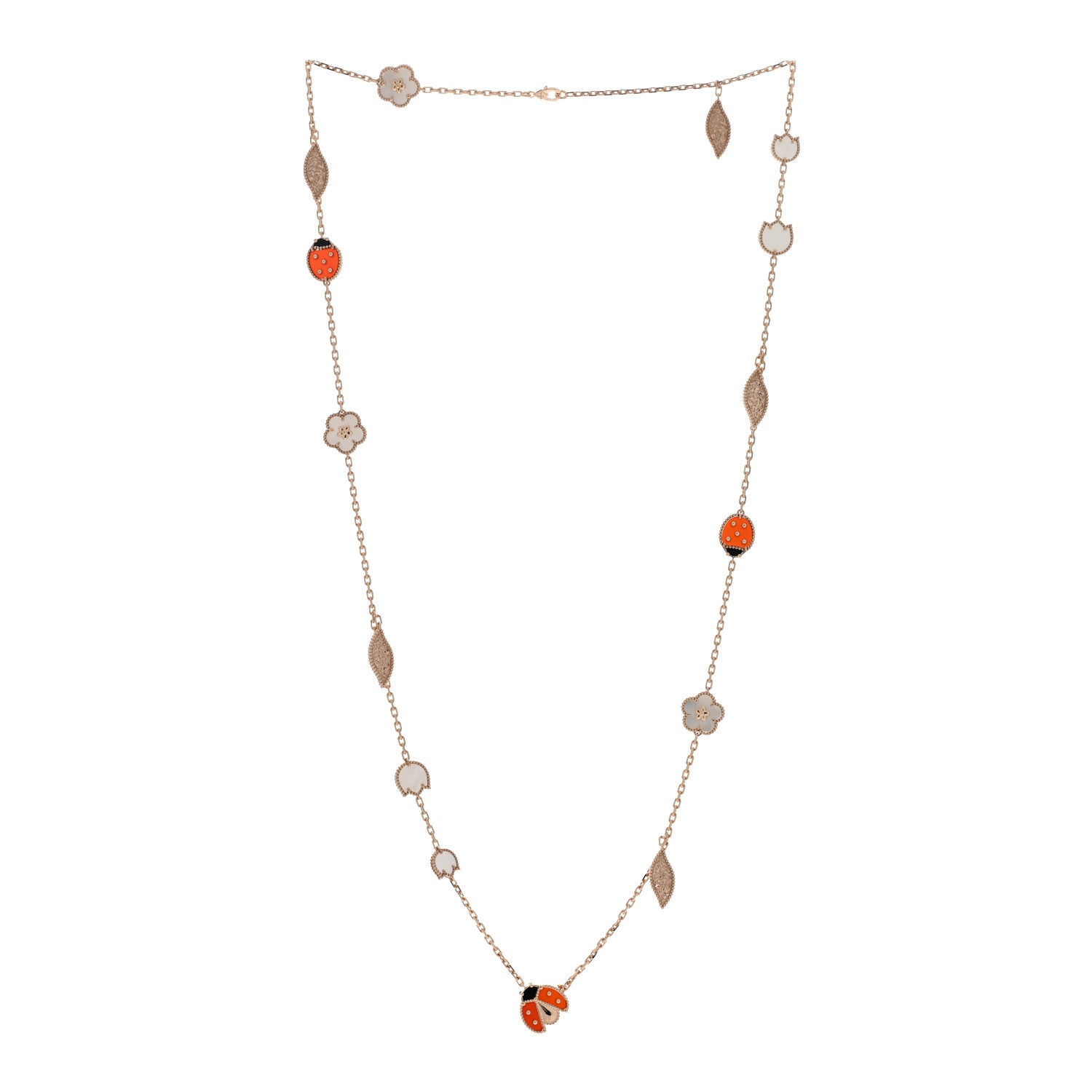 Van Cleef & Arpels 18K Rose Gold Mother of Pearl Carnelian Onyx 15 Motifs Lucky Spring Long Necklace 2 of 5