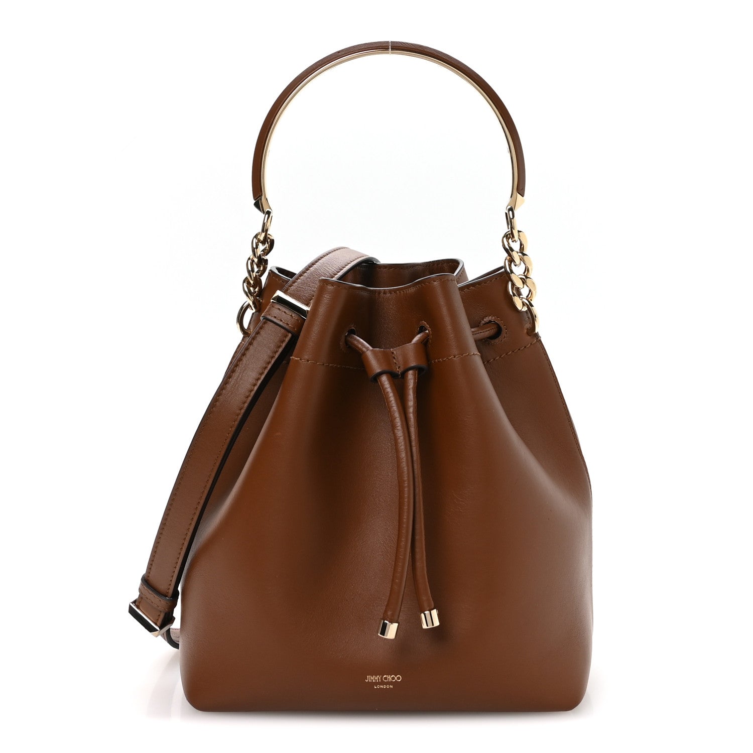 Jimmy Choo Smooth Shiny Calfskin Bon Bon Bucket Bag Dark Tan 1 of 10