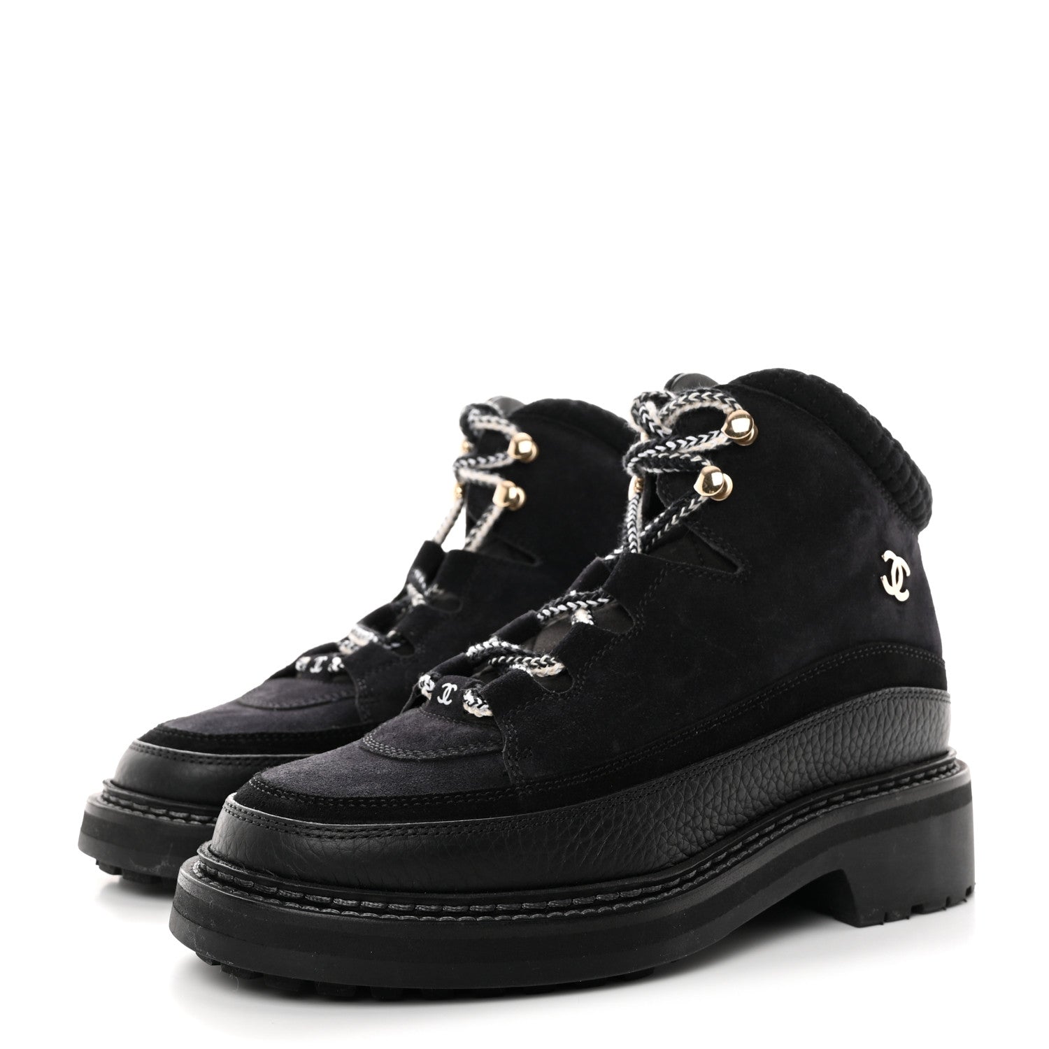 Chanel Suede Grained Calfskin CC Lace Up Boots 37 Black 3 of 8