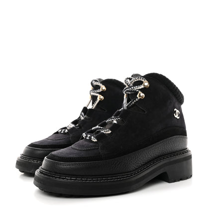 Chanel Suede Grained Calfskin CC Lace Up Boots 37 Black 3 of 8