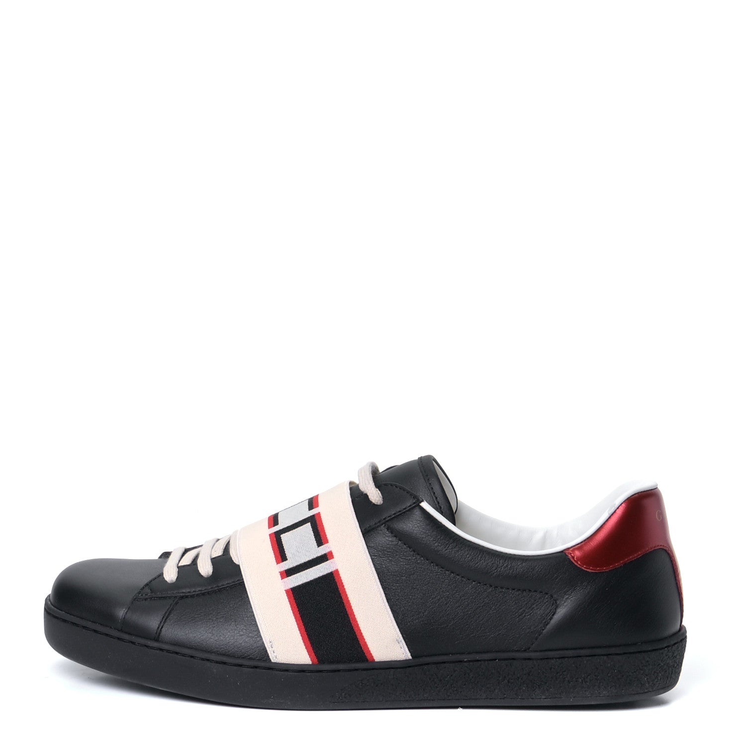 Gucci Calfskin Stripe Mens New Ace Sneakers 10.5 Black Ecru Red Flame 1 of 9