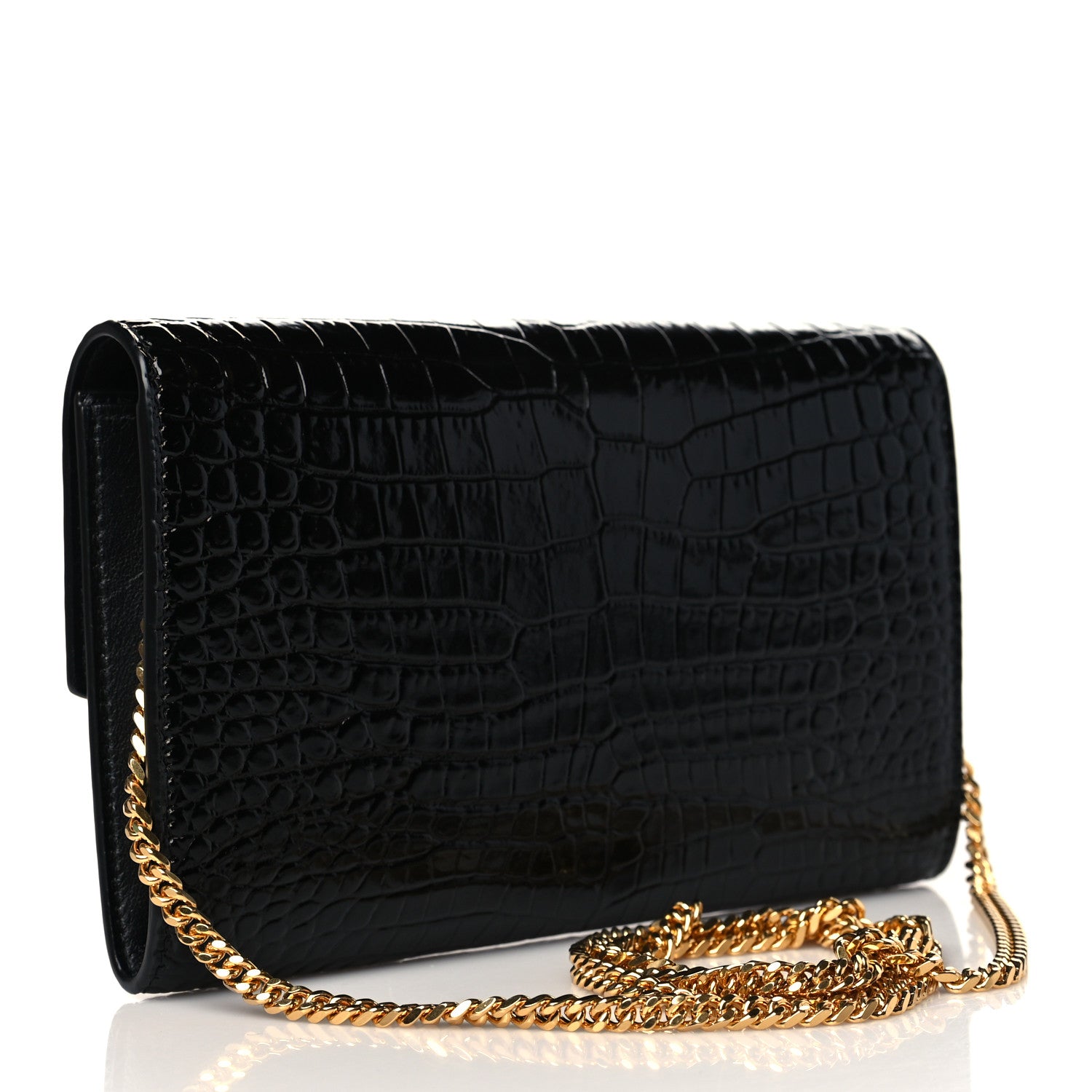Saint Laurent Calfskin Crocodile Embossed Monogram Uptown Chain Wallet Black 4 of 12
