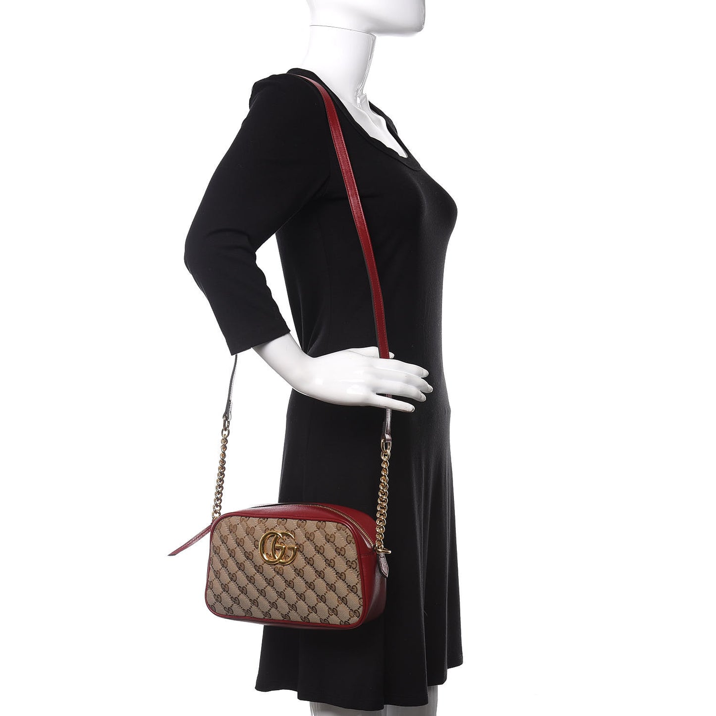 Monogram Azalea Calfskin Matelasse Diagonal Small GG Marmont Chain Shoulder Bag Beige Ebony New Cherry Red