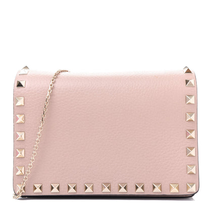 Valentino Garavani Pebbled Calfskin Rockstud Wallet on Chain Poudre 1 of 10