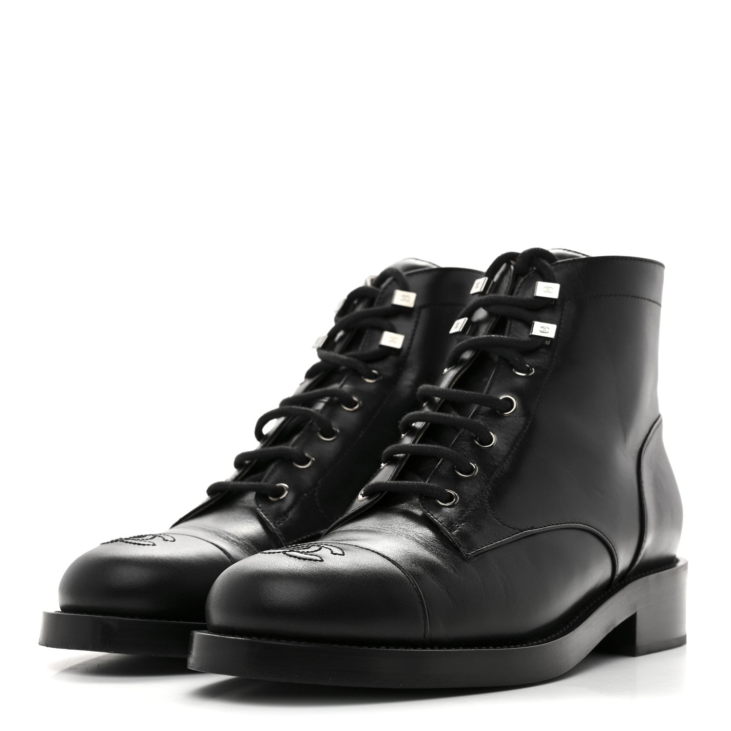 Chanel Calfskin Lace Up CC Combat Boots 40 Black 4 of 10